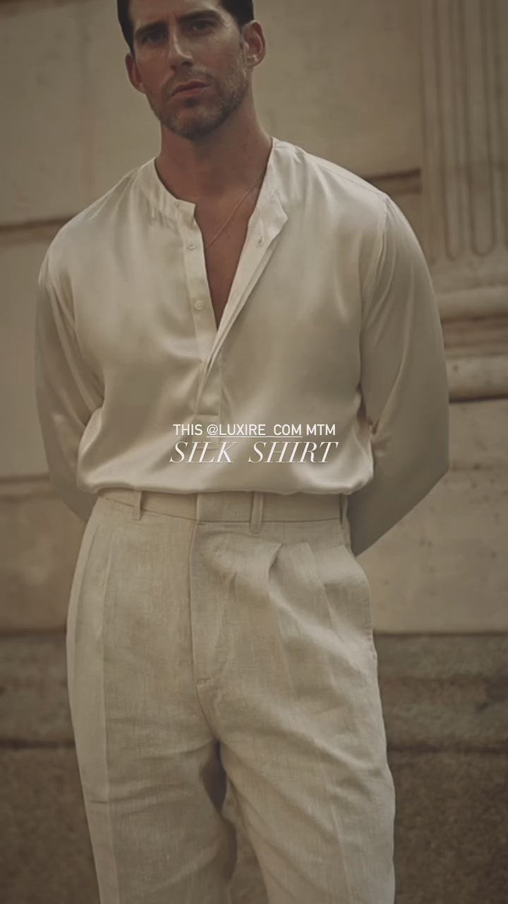 Cream Silk Band Collar Shirt