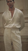 Cream Silk Band Collar Shirt