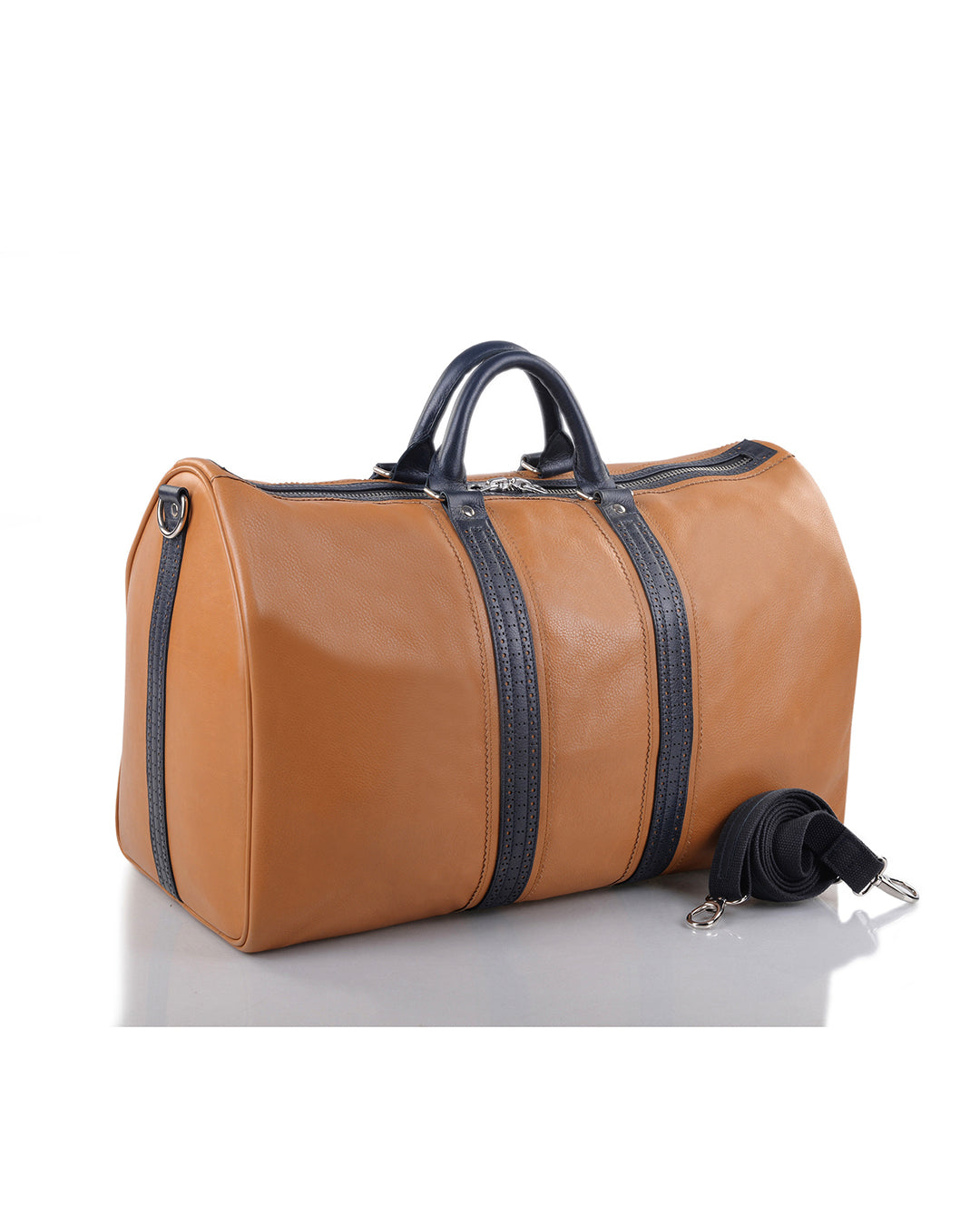 Leather Holdall Bag in Tan with Navy trim