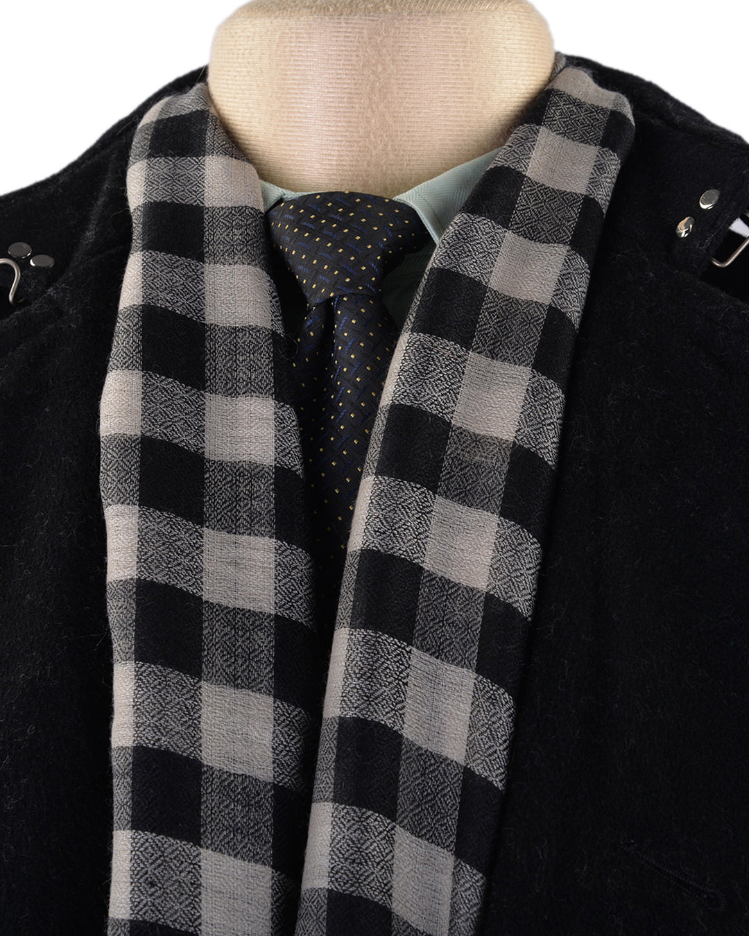 Pashmina Cashmere Wool Scarf Black Off-white Checks - 6