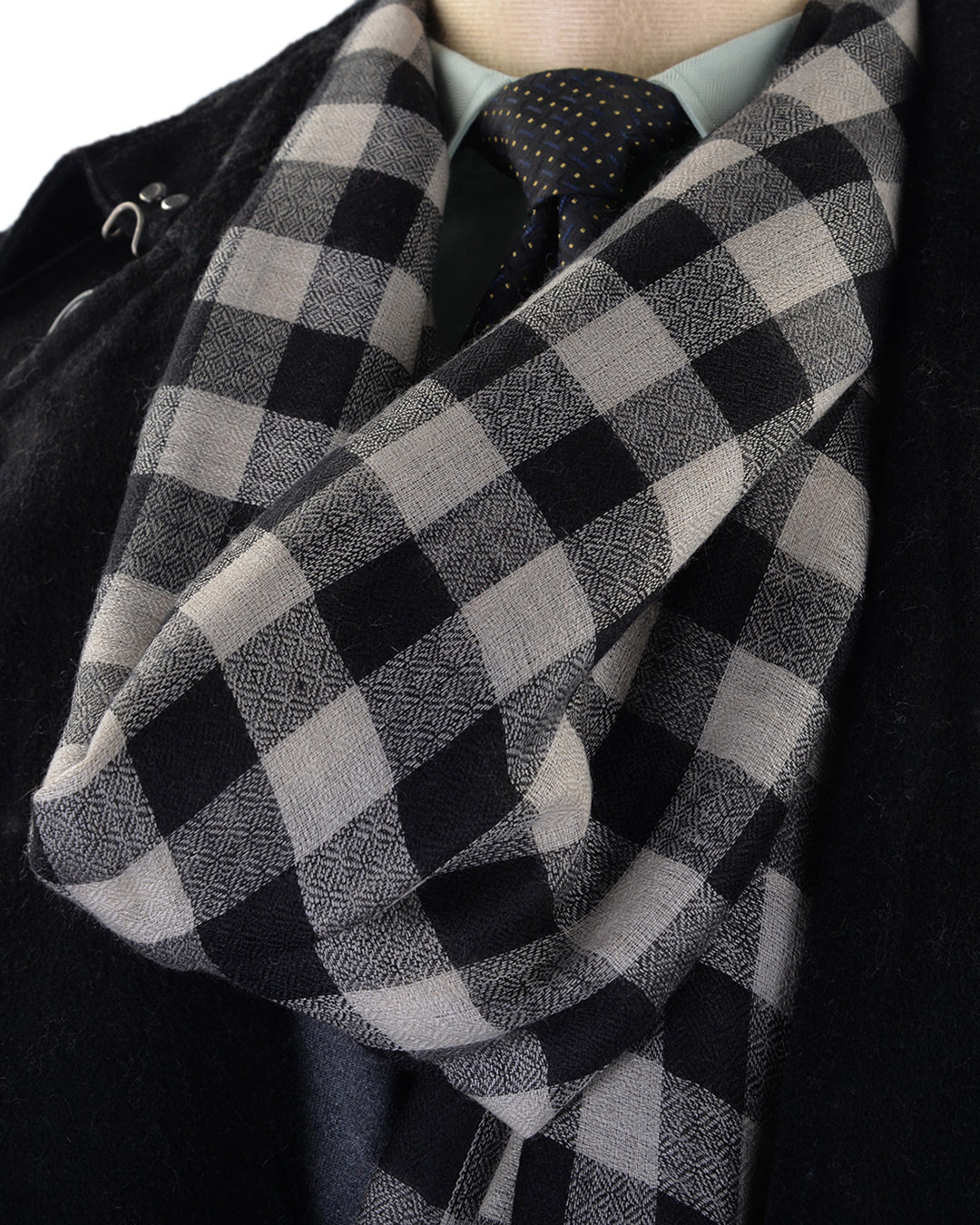 Pashmina Cashmere Wool Scarf Black Off-white Checks - 9