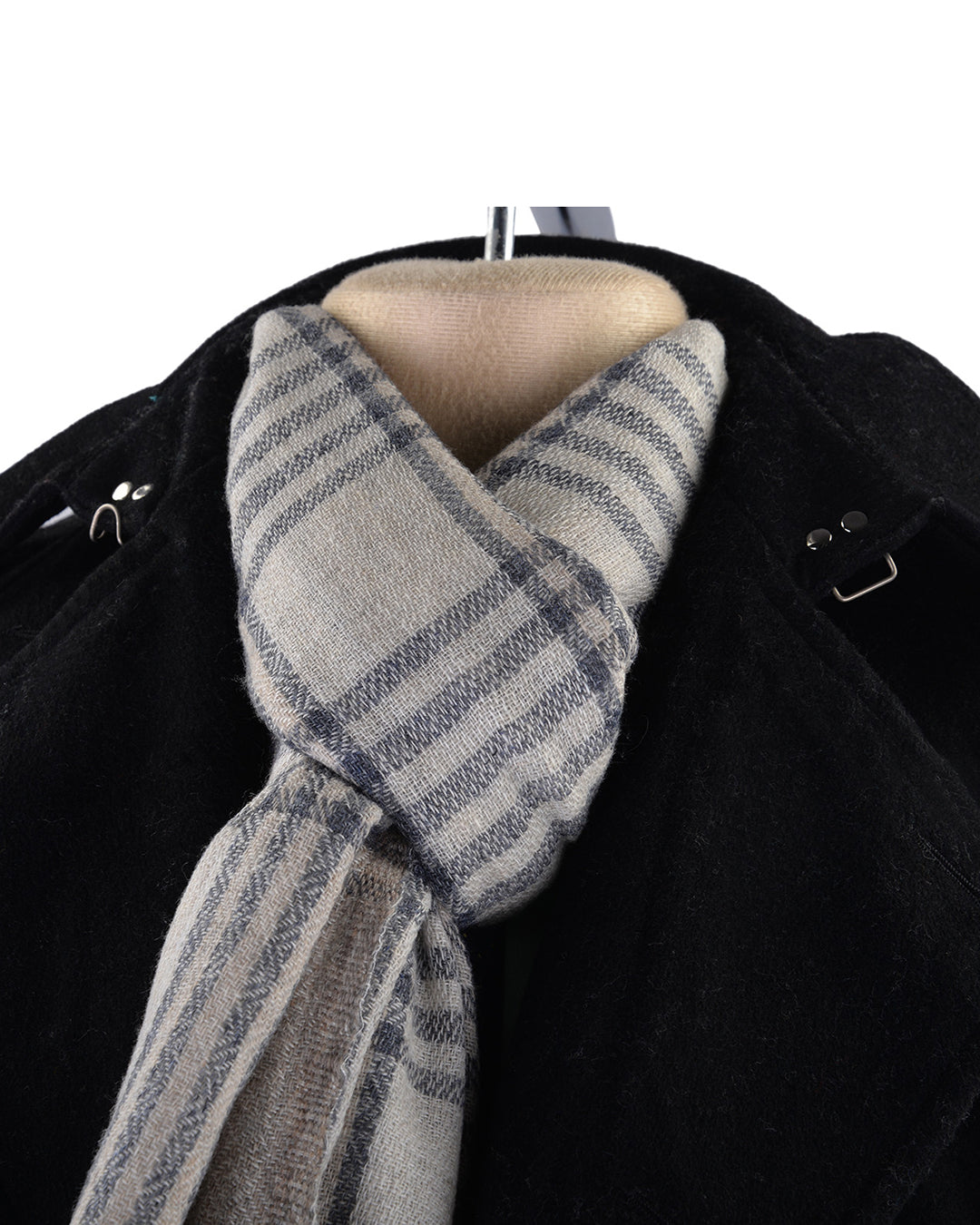 Cashmere Wool Scarf Grey White Diagonal Stripes - 1
