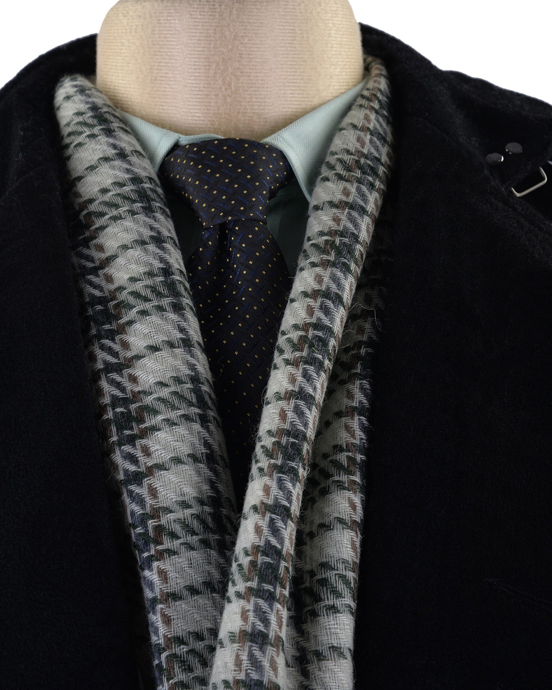 Cashmere Wool Scarf Green Navy Checks On Off White - 5