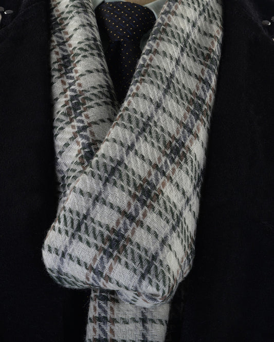 Cashmere Wool Scarf Green Navy Checks On Off White