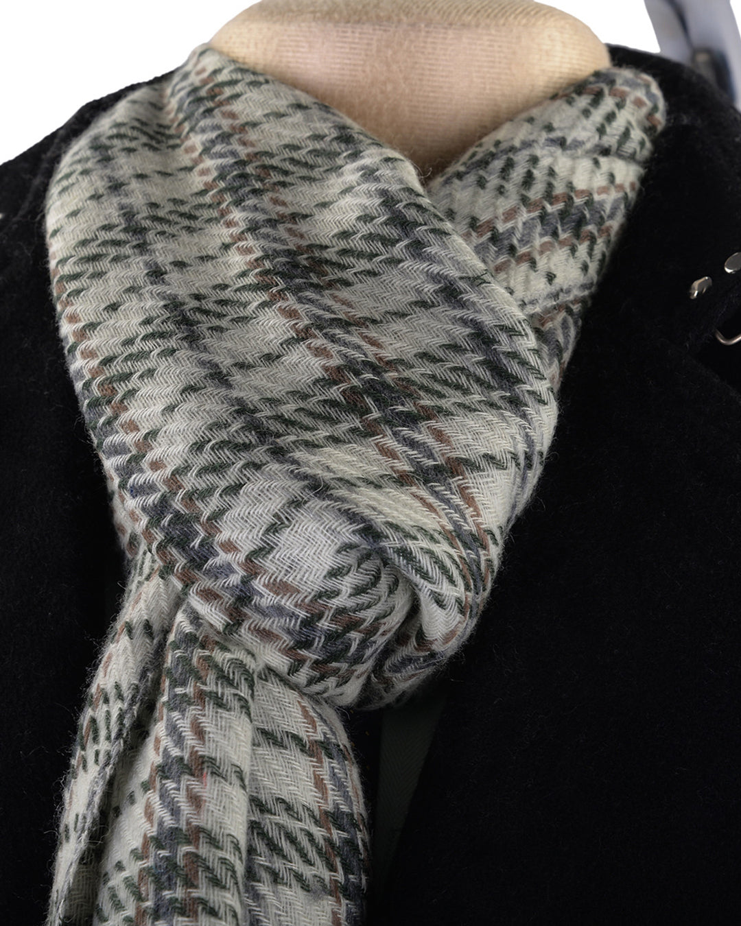 Cashmere Wool Scarf Green Navy Checks On Off White - 2