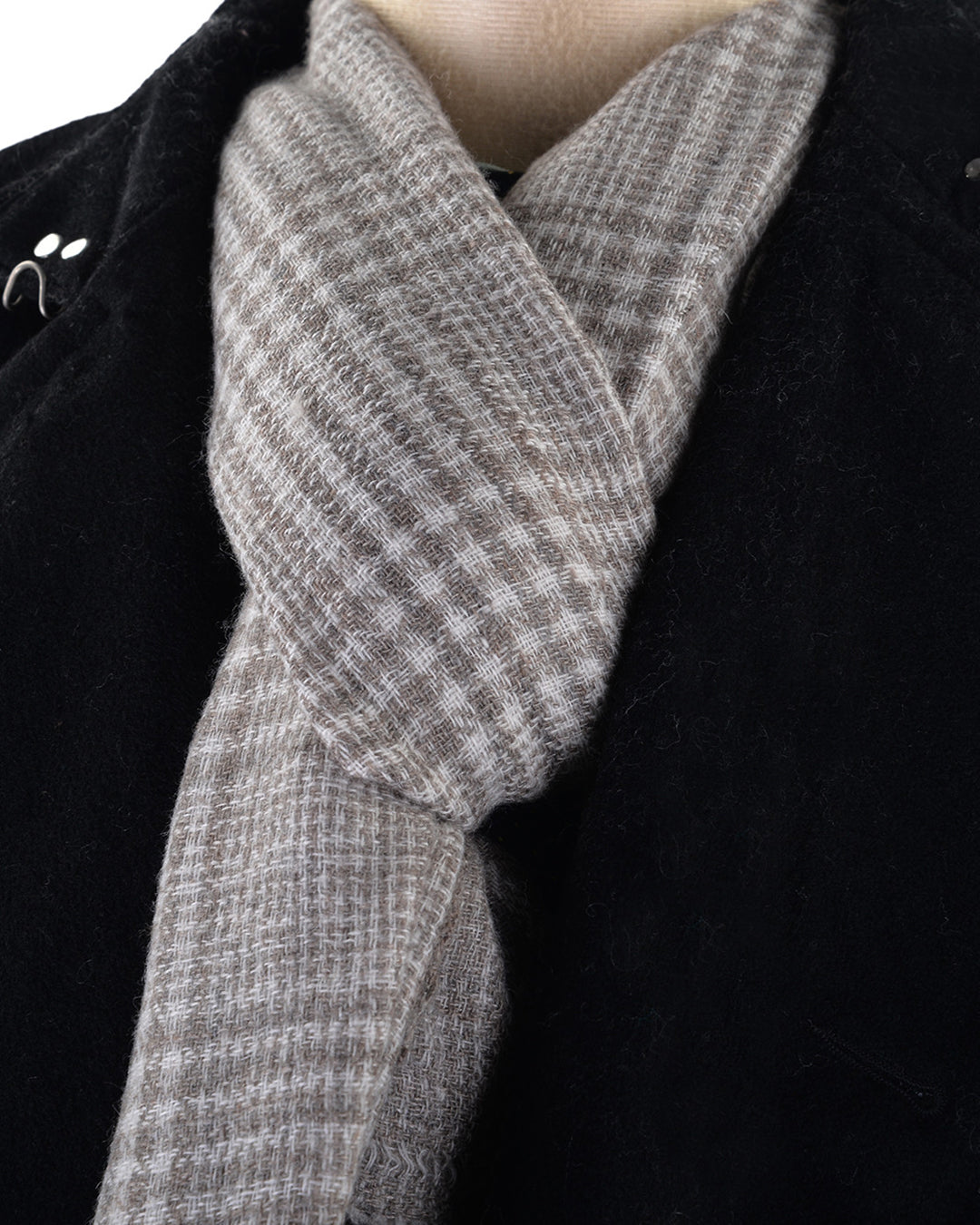 Cashmere Wool Scarf Brownish Grey Checks On Cream - 2
