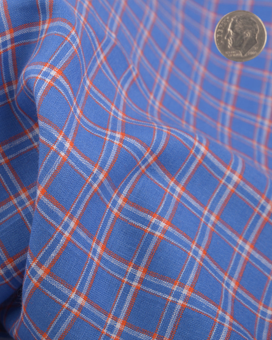 Linen: Orange White Cornflower Blue Tartan Checks - 5