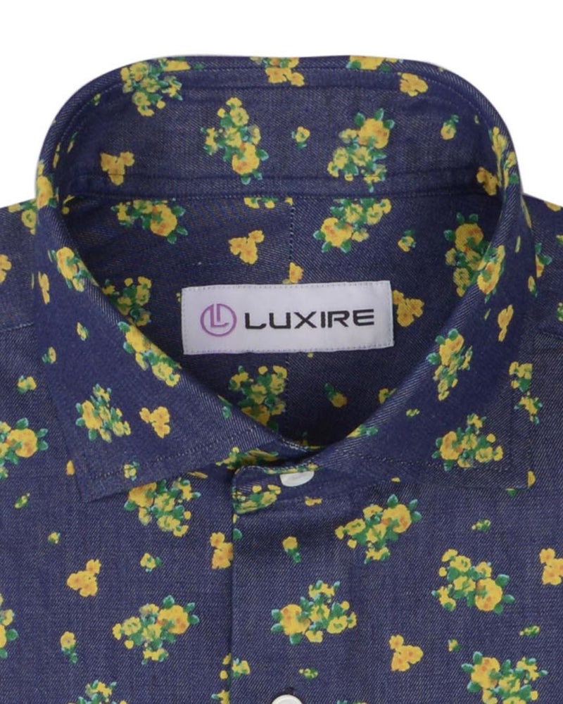 Indigo Denim Printed Green Yellow Flowers
