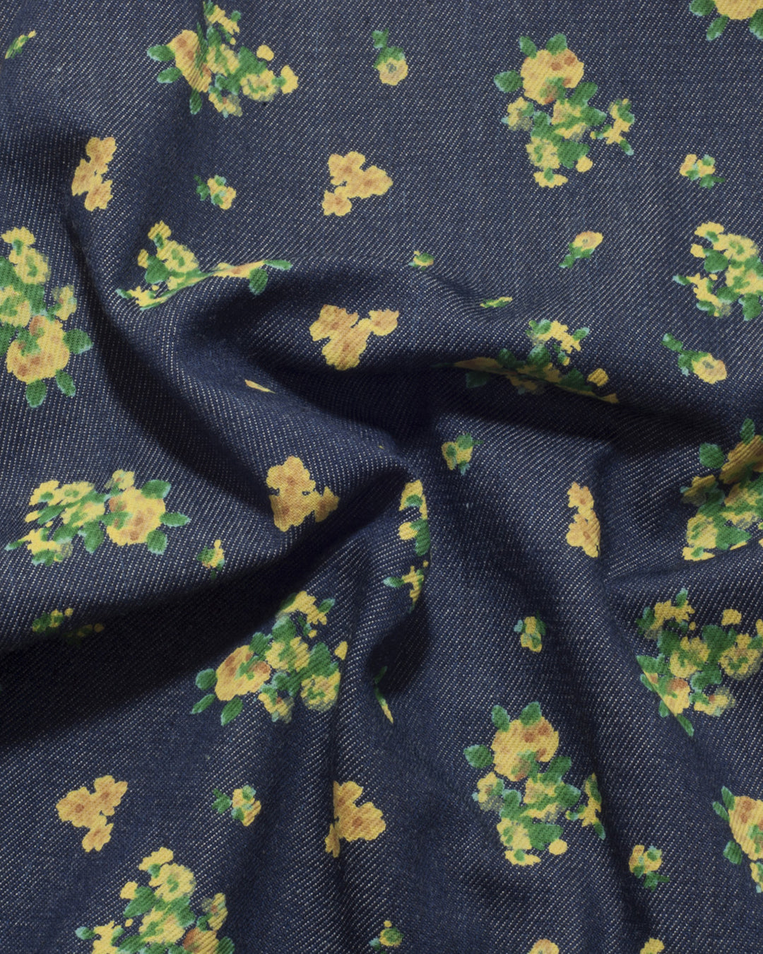 Indigo Denim Printed Green Yellow Flowers - 4