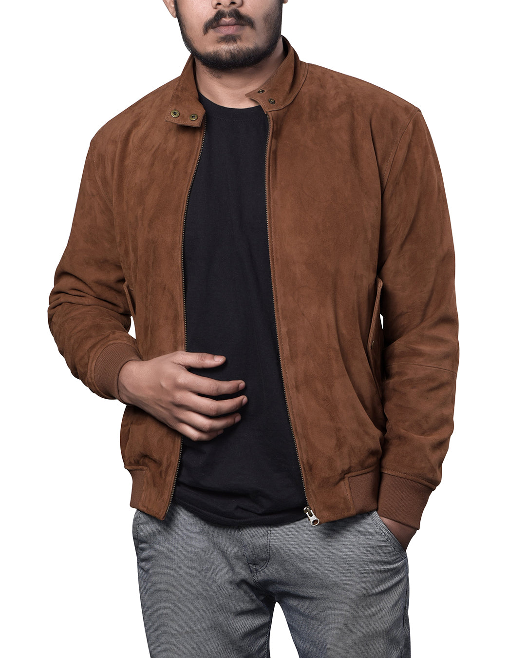 Tan Suede Leather Bomber Jacket