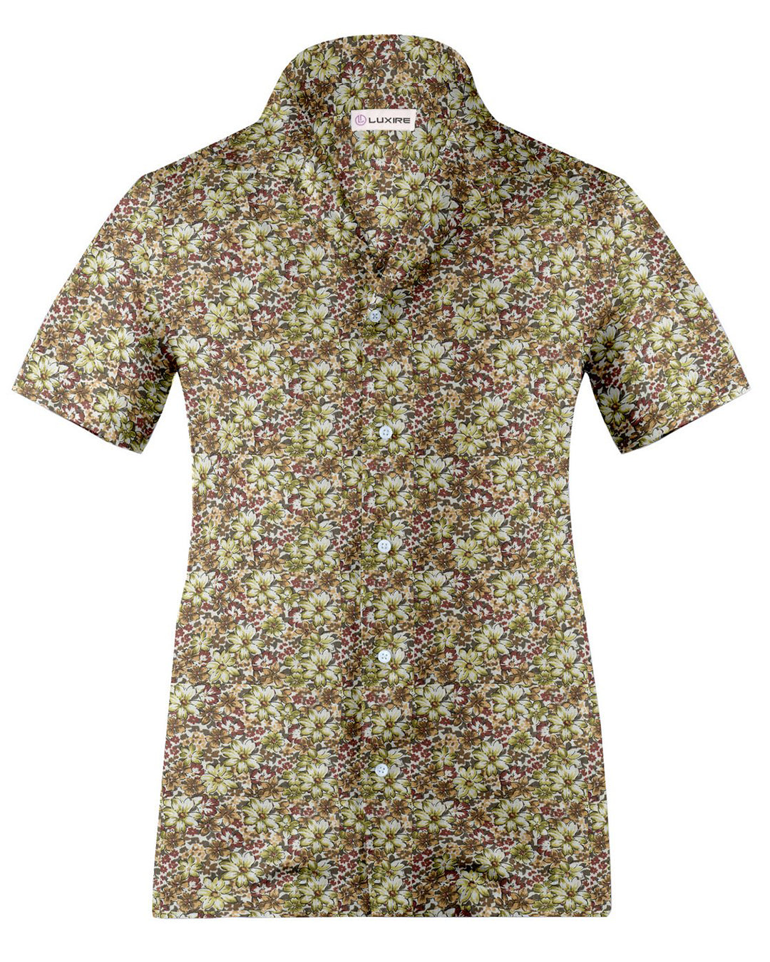 Camp collar PRESET STYLE in Olive Green Maroon prints on White
