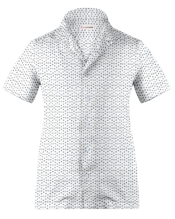 Camp collar PRESET STYLE in Linen: Black Printed Positivity On White