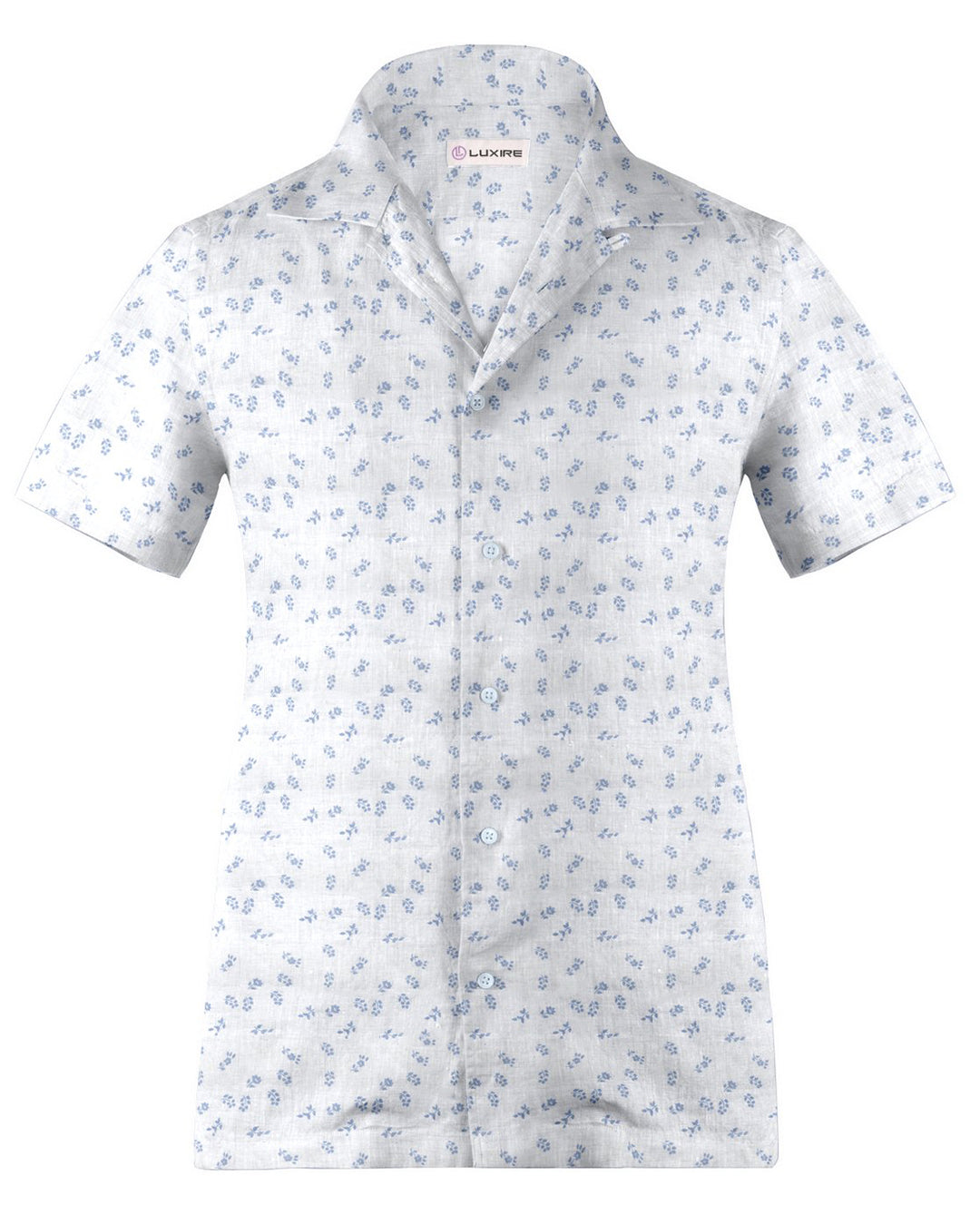 Camp collar PRESET STYLE in Linen: Pale Blue Printed Leaves On White - 1
